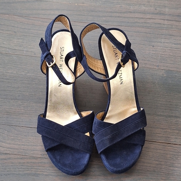 Stuart Weitzman Minky Platform Wedge Sandal Blue 9.5 EUC - Picture 3 of 16